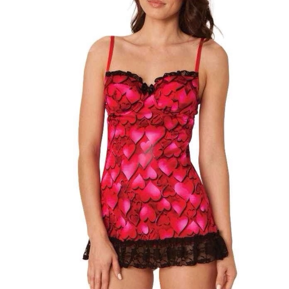 Smart And Sexy Red Heart Lace Bustle Back Chemise Babydoll Lingerie Size 42D